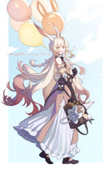  1girl absurdres animal_ear_fluff animal_ears arknights bag balloon black_gloves black_shoes blonde_hair braid brown_bag chinese_commentary commentary_request dated dl_fengyu dress elbow_gloves frilled_dress frills full_body gloves hair_between_eyes highres holding holding_bag holding_balloon jacinta_(arknights) long_dress long_hair looking_at_viewer open_mouth rabbit_ears rabbit_girl shoes signature sky smile solo standing umbrella very_long_hair white_umbrella yellow_eyes 