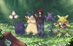  1boy alakazam celebi crobat forest garden gengar holding holding_spoon ibui_matsumoto magneton nature pokemon pokemon_(creature) pokemon_(game) pokemon_gsc praying red_hair redhead shrine silver_(pokemon) silver_(pokemon)_(remake) sleeping sneasel snot_bubble spoon sweatdrop typhlosion 