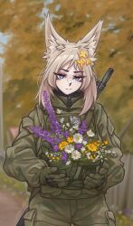  1girl animal_ears bad_source blurry blurry_background callsign cargo_pants flower flower_request fox_ears gloves green_gloves green_jacket green_pants gun_sling helmet highres holding holding_unworn_helmet hood hooded_jacket jacket looking_at_viewer morale_patch original outdoors pants parted_lips patch soldier solo tactical_gloves teeth unworn_headwear unworn_helmet weapon_request zap-nik zipper_pull_tab 