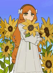  1girl absurdres blue_sky cowboy_shot dress expressionless field flower flower_field frilled_sleeves frills green_eyes highres ishmael_(project_moon) limbus_company long_hair looking_at_viewer orange_hair project_moon sky solo sundress sunflower sunflower_field very_long_hair white_dress yellow_flower yongsadragon 