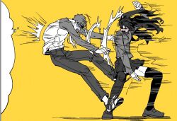  1boy 1girl ^^^ arm_up arms_up blush breasts closed_eyes commentary_request emiya_shirou fate/stay_night fate_(series) floating_hair from_side full-face_blush full_body gamjajeon11 greyscale_with_colored_background hair_ribbon hitting korean_commentary long_hair long_sleeves medium_breasts miniskirt motion_lines no_eyes open_mouth pants parted_bangs pleated_skirt ribbon shadow shoes short_hair simple_background skirt sneakers speech_bubble standing sweater teeth tetsuzankou thigh-highs thought_bubble tohsaka_rin tsundere turtleneck turtleneck_sweater two-tone_shirt two_side_up v-shaped_eyebrows wavy_hair yellow_background zettai_ryouiki 