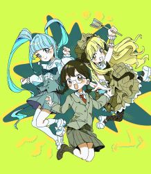  3girls :d ankle_socks bib_collar black_bow black_bowtie black_socks blazer blonde_hair blue_eyes blue_hair blunt_bangs bow bowtie braid brown_eyes brown_hair brown_wrist_cuffs center_frills closed_mouth collared_shirt curled_fingers dalidari27 dei_matsuri ear_piercing earrings fishnet_pantyhose fishnets frilled_skirt frilled_sleeves frills full_body futate_eru glasses green_background green_eyes grey_jacket grey_skirt grey_vest grin halftone halftone_background heart heart_in_mouth highres holding_utensil iin_chiyo jacket jewelry kimi_no_koto_ga_dai_dai_dai_dai_daisuki_na_100-nin_no_kanojo layered_skirt long_hair long_sleeves looking_at_viewer maid_headdress mary_janes multiple_girls necktie ohananomitsu_middle_school_uniform pantyhose piercing plaid_clothes plaid_skirt pleated_skirt puffy_long_sleeves puffy_sleeves red_necktie round_eyewear school_uniform shirt shoes sidelocks single_thighhigh skirt smile socks spiked_ear_piercing studded_footwear thigh-highs traditional_bowtie twin_braids twintails v-shaped_eyebrows very_long_hair vest wavy_hair white_shirt white_shoes white_socks wide-eyed wrist_cuffs 