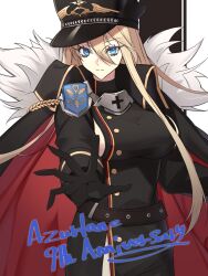  1girl anniversary azur_lane bismarck_(azur_lane) bismarck_(coat_of_arms) bismarck_zwei_(azur_lane) black_cape black_dress black_gloves blonde_hair blue_hair breasts cape commentary_request dress fur_trim gloves hat highres kagura_xii large_breasts military_hat military_uniform peaked_cap sideboob_cutout simple_background solo 