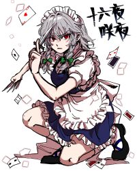  1girl apron black_shoes blue_dress bow bowtie braid card closed_mouth collared_shirt commentary_request dress frilled_apron frills green_bow green_bowtie grey_hair highres holding holding_knife izayoi_sakuya kneeling knife kuya_(hey36253625) maid_apron medium_hair playing_card puffy_short_sleeves puffy_sleeves red_eyes shirt shoes short_sleeves sketch socks solo touhou translation_request twin_braids white_apron white_shirt white_socks 