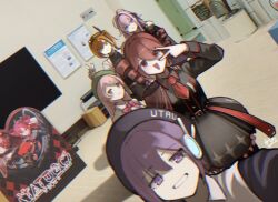  5girls a.i._voice adachi_rei antenna_hair belt belt_buckle beret black_bow black_hat black_skirt blue_eyes bow bowtie buckle cape collared_shirt double-parted_bangs drill_hair epaulettes green_eyes green_hat hair_between_eyes hair_ornament hairclip hand_on_another's_shoulder hat headlamp highres jacket kasane_teto momone_momo multiple_girls necktie orange_eyes orange_hair parallel_hairclips parted_bangs photo_background pink_bow pink_bowtie pink_hair purple_hair radio_antenna red_cape red_eyes red_hair red_necktie ribbon shirt short_necktie side_cape side_ponytail sign signature single_epaulette skirt synthesizer_v tetoec twin_drills utane_uta utau v v_over_eye violet_eyes white_jacket white_ribbon wyawon yamine_renri 