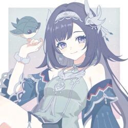  aqua_sleeves bare_shoulders bird bird_hair_ornament black_hair bracelet commentary_request dress earrings genshin_impact green_bird green_dress hair_ornament hairband jewelry lan_yan_(genshin_impact) long_hair metal_hairband mum1h necklace silver_bracelet silver_earrings silver_hairband silver_necklace smile violet_eyes 