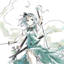  1girl bababa black_bow black_bowtie black_hairband blue_eyes bow bowtie closed_mouth collared_shirt commentary_request dual_wielding flower frilled_skirt frills green_skirt green_vest grey_hair hairband highres hitodama holding holding_sword holding_weapon katana konpaku_youmu konpaku_youmu_(ghost) looking_at_viewer pink_flower puffy_short_sleeves puffy_sleeves shirt short_sleeves simple_background skirt skirt_set solo sword touhou unsheathed vest weapon white_background white_shirt 