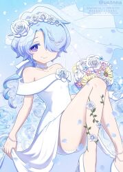  1boy anklet artist_name bare_shoulders bishounen blue_hair bracelet child commentary_request crossdressing crossdressing_(mtf) dress flower hair_over_one_eye highres honkai:_star_rail honkai_(series) jewelry leg_ribbon male_focus misha_(honkai:_star_rail) ribbon short_hair thigh_strap trap usata veil violet_eyes 