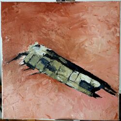  absurdres acrylic_paint_(medium) battlecruiser_(eve_online) brutor_tribe_(eve_online) combat_ship_(eve_online) commentary el-sior english_commentary eve_online highres hurricane_(eve_online) military_vehicle minmatar_republic_(eve_online) no_humans painting_(medium) red_background science_fiction signature spacecraft support_ship_(eve_online) traditional_media vehicle_focus 