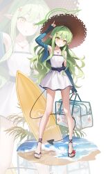  1girl absurdres alternate_costume bag beach blue_archive blue_jacket blush brown_hat commentary demon_tail dress faux_figurine full_body green_hair green_halo halo hat highres hikari_(blue_archive) holding holding_bag holding_surfboard jacket jewelry long_hair long_sleeves looking_at_viewer necklace okkimon open_clothes open_mouth pointy_ears sandals solo starfish straw_hat sun_hat surfboard tail toes untranslatable_commentary white_background white_dress yellow_eyes zoom_layer 