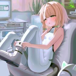  1girl absurdres blonde_hair blue_archive blush bodysuit bow breasts cat_tail commentary_request couch fake_tail green_bow green_eyes halo helmet highres leg_lift leotard midori_(armed)_(blue_archive) midori_(blue_archive) missing_headwear on_couch short_hair silvia122 sitting sleeveless sleeveless_bodysuit small_breasts tail unworn_headwear unworn_helmet white_bodysuit 