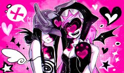  2girls alien_stage angel_wings animal_hands animal_hat black_hair commentary_request crop_top demon_wings gloves grey_hat hat highres hkbbylol long_hair looking_at_viewer mizi_(alien_stage) mizi_(zombie_stage) multiple_girls open_mouth paw_gloves pink_hair rabbit_hat smile sua_(alien_stage) sua_(zombie_stage) wings zombie_stage 