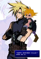  2026 2boys aqua_eyes armor bandaged_arm bandages black_gloves blonde_hair blue_pants blue_shirt character_name closed_mouth cloud_strife commentary_request crossed_arms dated final_fantasy final_fantasy_vii flying_sweatdrops gloves happy_birthday highres iwfy1_5 light_blush male_focus multiple_boys on_shoulder pants pauldrons ribbed_shirt shirt short_hair shoulder_armor single_pauldron spiky_hair video_game_dialogue_box 