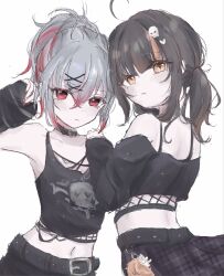 2girls ahoge alternate_costume arm_warmers bare_shoulders belt belt_collar black_choker black_hair black_shirt black_skirt black_tank_top choker collar colored_inner_hair commentary_request crop_top crossed_bangs grey_hair hair_between_eyes hair_ornament highres looking_at_viewer looking_back mahou_shoujo_no_majo_saiban midriff multicolored_hair multiple_girls naacha nail_polish navel off-shoulder_shirt off_shoulder orange_eyes orange_streaks plaid_clothes plaid_skirt red_eyes red_hair red_nails sawatari_coco shirt shito_alisa short_hair simple_background skirt skull_hair_ornament stomach streaked_hair tank_top white_background x_hair_ornament 
