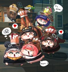  1boy 4girls absurdres animal_ears belle_(zenless_zone_zero) black_hair blue_hair blush brown_hair chibi closed_eyes closed_mouth commentary droopy_ears fox_ears fox_girl game_screenshot_background green_eyes grey_hair hair_ornament heart highres hoshimi_miyabi letter_hair_ornament mr._roar_(zenless_zone_zero) multiple_girls open_mouth pink_hair red_eyes remielle_dan screenshot_background seogu_tjwn short_hair speech_bubble spoken_heart spoken_squiggle squiggle sweat thought_bubble tongue tongue_out wise_(zenless_zone_zero) ye_shunguang zenless_zone_zero 