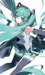  1girl absurdres aqua_eyes aqua_hair arm_tattoo bare_shoulders black_skirt black_sleeves black_thighhighs closed_mouth detached_sleeves green_necktie grey_shirt hatsune_miku highres long_hair looking_at_viewer necktie number_tattoo shirt sin_090 skirt sleeveless sleeveless_shirt solo standing tattoo thigh-highs twintails vocaloid white_background 