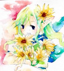  1girl 2000s_(style) blue_sailor_collar bouquet closed_mouth commentary_request flower green_hair hair_flower hair_ornament holding holding_bouquet long_hair mikoru original painting_(medium) pointy_ears sailor_collar school_uniform serafuku shirt smile solo sunflower traditional_media upper_body watercolor_(medium) white_background white_shirt yellow_flower 