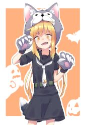  1girl animal_hands animal_hat bat_(animal) belt black_shirt black_skirt blonde_hair blush border claws collarbone collared_shirt commentary_request cowboy_shot eyelashes fake_claws fake_tail fang ghost gloves green_belt halloween_costume hat highres jack-o'-lantern kantai_collection long_hair makkusu_(max_101010) necktie open_mouth orange_background outline paw_gloves satsuki_(kancolle) shirt short_sleeves simple_background skirt smile solo tail teeth v-shaped_eyebrows white_border white_necktie white_outline wolf_hat yellow_eyes 