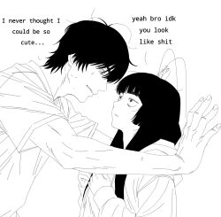 1boy 1girl against_wall commentary dual_persona english_commentary english_text eye_contact genderswap genderswap_(ftm) greyscale highres hime_cut jimiko jitome kano_kino lineart long_hair long_sidelocks looking_at_another monochrome original profanity sanpaku sidelocks simple_background suwa_machi_(kano_kino) sweat thick_eyebrows white_background 