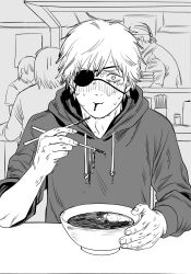  1boy absurdres adam's_apple blush bowl chainsaw_man chopsticks denji_(chainsaw_man) drawstring eyepatch food greyscale highres holding holding_chopsticks holding_with_chopsticks looking_at_viewer male_focus mekill215280 monochrome noodles ramen short_hair sitting sleeves_rolled_up solo sweat tears upper_body 