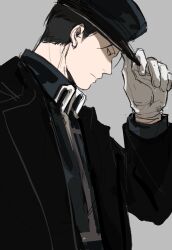  1boy adjusting_clothes adjusting_headwear amestris_military_uniform black_coat blue_shirt chalian105 closed_mouth coat collared_shirt downcast_eyes from_side fullmetal_alchemist gloves grey_background highres lapels layered_sleeves long_sleeves male_focus open_clothes open_coat profile roy_mustang shirt short_hair simple_background solo upper_body very_short_hair white_gloves white_trim wing_collar 
