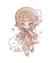  1girl artist_name beret bow brown_eyes brown_hair cape closed_mouth commission dog dress flower ghost hat heterochromia kneehighs layered_clothes light_blush light_smile naiguozi orange_bow orange_cape orange_dress orange_eyes orange_hat orange_ribbon orange_shoes original rabbit ribbon sample_watermark see-through_clothes see-through_dress shoes short_hair smile socks sparkle striped_clothes striped_socks watermark 