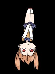  1girl black_background brown_hair brown_shoes chibi chibi_only collared_shirt covering_privates full_body highres looking_up nervous nervous_sweating plaid_clothes plaid_skirt red_eyes shirt shoes simple_background skirt socks solo sukolovar sweat thighs tsukihime two_side_up upside-down vest white_skirt white_socks yellow_vest yumizuka_satsuki 