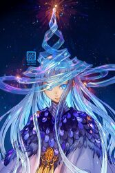 1girl blue_background blue_eyes blue_hair blue_scales cloak collared_dress commentary dress english_commentary expressionless fur-trimmed_cloak fur_trim gradient_background hat highres jewelry long_hair ribbon richeh_(tongari_boushi_no_atelier) scales short_bangs sky solo solo_focus star_(sky) star_(symbol) starry_sky tassel tongari_boushi_no_atelier twitter_username upper_body witch_hat yuumei 
