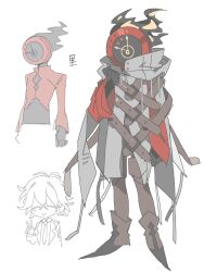  1boy 1other absurdres black_gloves boots brown_boots brown_leggings cape clock cosplay dante_(limbus_company) dante_(limbus_company)_(cosplay) dante_alighieri_(fate) dante_alighieri_(fate)_(cosplay) fate/grand_order fate_(series) fire gloves grey_cape hand_up highres jacket leggings limbus_company nanahara191 object_head project_moon red_jacket v 