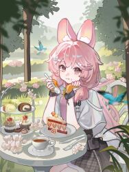  1girl absurdres ahoge animal_ear_fluff animal_ears arknights bird black_skirt blurry blurry_foreground cake cake_slice chair cherry chinese_commentary commentary_request cowboy_shot cup cupcake fingerless_gloves food fork fruit garden gloves grass hands_up highres holding holding_spoon infection_monitor_(arknights) knife long_hair looking_at_viewer material_growth on_chair orange_gloves oripathy_lesion_(arknights) outdoors pink_eyes pink_hair plate rabbit_ears rabbit_girl saucer sitting skirt solo spoon swiss_roll table teacup thumpy_(arknights) tree zao_ba_bu_qiandao_buzai_jiaoshi 