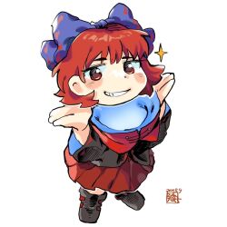  1girl black_boots black_shirt blue_bow blush boots bow chibi chibi_only cloak commentary dated floating_head grin hair_bow kokechankokko pleated_skirt red_cloak red_eyes red_hair red_skirt sekibanki shirt short_hair simple_background skirt smile solo sparkle touhou untranslatable_commentary white_background 