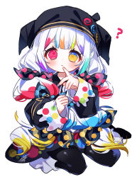  1girl ? artist_painter beret blush bow colored_tips contrast_collar hat heterochromia highres jogasaki_noah long_hair looking_at_viewer mahou_shoujo_no_majo_saiban meda_cha multi-tied_hair multicolored_eyes multicolored_hair pink_eyes polka_dot polka_dot_bow polka_dot_skirt simple_background skirt sleeve_bow solo twintails two-tone_eyes white_background white_hair yellow_eyes 