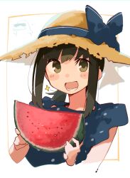  1girl blue_bow blue_dress blue_ribbon blush border bow brown_eyes brown_hair commentary_request cropped_torso dress food fruit fubuki_(kancolle) fubuki_(spring)_(kancolle) hand_up hat hat_bow hat_ribbon highres holding holding_food holding_fruit kantai_collection looking_at_viewer low_ponytail ma_rukan medium_hair open_mouth outside_border polka_dot polka_dot_dress ponytail ribbon sidelocks simple_background sleeveless sleeveless_dress solo sparkle straw_hat sun_hat teeth watermelon watermelon_slice white_background yellow_border 