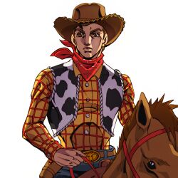 1boy absurdres animal_print animification araki_hirohiko_(style) brown_hair bullseye_(toy_story) cow_print cowboy cowboy_hat ggs_cihuy hat highres jojo_no_kimyou_na_bouken long_sleeves male_focus sheriff_woody shirt short_hair simple_background steel_ball_run toy_story toy_story_2 vest 
