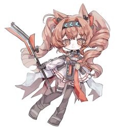  1girl angelina_(arknights) angelina_the_mellow_wish_(arknights) animal_ear_fluff animal_ears arknights black_boots black_collar black_gloves black_hairband black_thighhighs boots brown_eyes brown_hair chibi chibi_only chinese_commentary closed_mouth collar commentary_request detached_sleeves dress fox_ears fox_girl full_body gloves hair_between_eyes hairband highres holding holding_staff infection_monitor_(arknights) long_hair long_sleeves looking_at_viewer multicolored_hairband simple_background solo staff standing thigh-highs twintails two-tone_hairband white_background white_dress zhu_yuping 