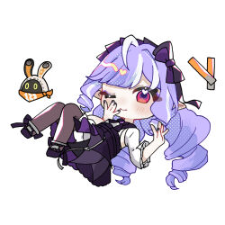  1girl ahoge black_nails black_pantyhose black_shoes blush bow bowtie drill_hair drill_sidelocks eous_(zenless_zone_zero) full_body hairband highres janbopurin long_hair long_sleeves looking_at_viewer mole mole_under_eye multicolored_hair one_eye_closed pantyhose pointy_ears purple_bow purple_bowtie purple_hair purple_hairband red_eyes shoes sidelocks simple_background solo streaked_hair vivian_banshee white_background zenless_zone_zero 