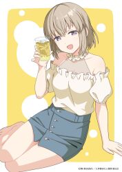  1girl alcohol bare_shoulders beer blue_skirt commentary_request copyright_notice cup dress drunk frilled_dress frills grey_hair holding holding_cup kamiina_botan_yoeru_sugata_wa_yuri_no_hana looking_at_viewer moride_tora official_art shirt short_hair sitting skirt tonami_ibuki violet_eyes white_shirt 