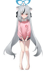  1girl absurdres animal_ears black_skirt blue_archive blue_halo chrono061107 commentary_request grey_hair halo highres kindergarten_uniform kokona_(blue_archive) long_hair multicolored_hair name_tag pink_shirt shirt skirt streaked_hair tears tiger_ears tiger_girl 