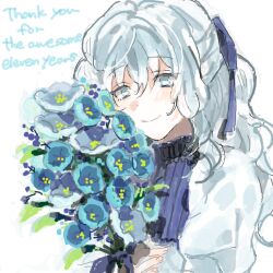  1girl bad_drawr_id bad_id blue_eyes blue_flower blue_ribbon blue_sweater blush bouquet character_request closed_mouth copyright_request english_text flower hair_between_eyes hair_ribbon holding holding_bouquet keita_(cocorocotoma) looking_at_viewer oekaki puffy_short_sleeves puffy_sleeves ribbed_sweater ribbon short_sleeves smile solo sweater thank_you upper_body white_background 