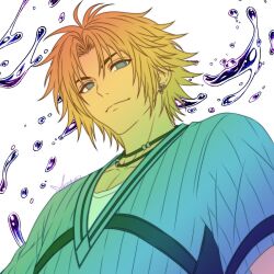  1boy blonde_hair blue_eyes closed_mouth commentary dissidia_duellum_final_fantasy dissidia_final_fantasy earrings final_fantasy final_fantasy_x from_below highres jewelry light_smile lovelessxxx69 male_focus multiple_necklaces necklace official_alternate_costume parted_bangs shirt shirt_under_shirt short_hair sign solo tidus tidus_(street_striker) untranslatable_commentary water_drop white_shirt 