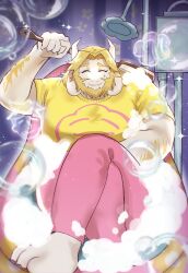  1boy aaaakawaiiut asgore_dreemurr asgore_dreemurr_(dark_world) barefoot beard blonde_hair closed_eyes closed_mouth commentary_request deltarune derivative_work facial_hair fangs floppy_ears furry furry_male goat_horns highres holding holding_brush horns in_bathtub pants pink_pants shirt shower_head skin_fangs smile soap_bubbles sweatdrop utdr_(toby_fox) white_fur yellow_shirt 