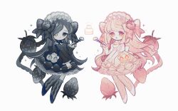  2girls accurate_lolita_coord berry birthday_cake black_bow black_bowtie black_dress black_hair black_socks bow bowtie cake candle closed_mouth colored_skin commentary cross-laced_clothes cross-laced_sleeves dot_mouth dress food food-themed_hair_ornament fork frilled_dress frilled_sleeves frills fruit gem gothic_lolita grey_headdress grey_skin hair_bow hair_ornament hairband heterochromia highres holding holding_fork icing icing_trim juliet_sleeves kneehighs light_blush lolita_fashion lolita_hairband long_sleeves multicolored_hair multiple_girls naiguozi no_pupils open_mouth original pearl pink_bow pink_bowtie pink_dress pink_hair pink_headdress pink_socks puffy_sleeves ribbon socks sparkle strawberry strawberry_cake strawberry_hair_ornament strawberry_icing streaked_hair sweet_lolita untranslatable_commentary waist_bow wavy_hair wide_sleeves 