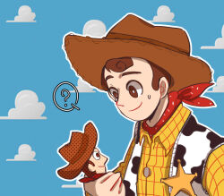  1boy animal_print animification brown_hair cow_print cowboy cowboy_hat dual_persona hat holding holding_stuffed_toy long_sleeves male_focus nhbzzdy open_mouth sheriff_woody shirt short_hair simple_background smile solo stuffed_toy toy_story vest 