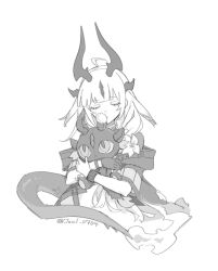  1girl arknights bodystocking broken_horn character_doll doll dragon_girl dragon_horns dragon_tail fire flame-tipped_tail flower greyscale hair_flower hair_ornament highres horns hugging_object jacket joul_0704 long_hair monochrome necrass_(arknights) off_shoulder official_alternate_costume open_clothes open_jacket reed_(arknights) reed_the_flame_shadow_(arknights) simple_background solo stuffed_animal stuffed_dragon stuffed_toy tail white_background 