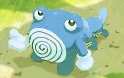  black_eyes closed_eyes gloves grass highres looking_up no_humans nostrils outdoors pokemon pokemon_(creature) pokemon_focus poliwag poliwhirl rain sakuraiisui standing tadpole white_gloves 