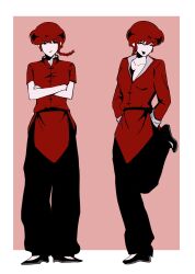  1girl black_eyes black_pants black_shoes border braid braided_ponytail breasts chinese_clothes closed_eyes closed_mouth collarbone commentary crossed_arms full_body hands_in_pockets highres jacket long_hair long_sleeves looking_at_viewer mandarin_collar multiple_views no_pupils no_sclera open_collar open_mouth pankou pants partially_unbuttoned pink_background ranma_1/2 red_hair red_jacket saotome_ranma saotome_ranma_(female) shoes short_sleeves simple_background single_braid smile standing straight-on tangzhuang variations white_border yui_yuyu0 