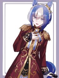  1girl animal_ears black_dress black_wrist_cuffs blue_hair braid breasts burning_as_one_(umamusume) cesario_(umamusume) coat commentary_request crown_braid dress epaulettes hair_between_eyes hand_on_own_chest highres holding holding_microphone horse_ears horse_girl horse_tail looking_at_viewer microphone multicolored_hair open_mouth red_coat short_hair smile sorekara_64 tail umamusume violet_eyes white_hair wrist_cuffs 