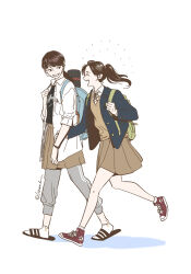  2girls backpack bag bracelet brown_hair closed_eyes collared_shirt commentary_request drawing_tube full_body grabbing_another's_arm highres jacket jewelry korean_commentary layered_clothes long_hair looking_at_another multiple_girls nevertheless pants ponytail ribbon sandals school_uniform seo_jiwan shirt shoes skirt sleeves_rolled_up smile sneakers socks sweater_vest t-shirt track_pants walking white_background white_shirt yeongol yoon_sol yuri 