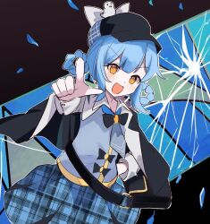  1girl :d bag bird_hat_ornament black_bag black_bow black_bowtie black_capelet black_hat blue_hair blue_necktie blue_skirt bow bowtie braid braided_hair_rings broken_glass capelet collared_shirt commentary deerstalker glass glass_shards grey_vest hair_bow hair_rings hand_on_own_hip hat hat_bow keise1018 long_sleeves looking_at_viewer mahou_shoujo_no_majo_saiban necktie open_mouth plaid_clothes plaid_skirt pointing pointing_at_viewer shirt short_hair skirt smile solo stained_glass tachibana_sherry unmoving_pattern untranslatable_commentary upper_body vest white_shirt yellow_eyes 