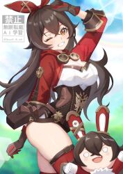  1girl amber_(genshin_impact) arms_up baron_bunny_(genshin_impact) boots brown_gloves brown_hair brown_shorts commentary_request crossed_bangs genshin_impact gloves goggles goggles_around_neck hair_ribbon hairband highres jacket kazuki_(kazuki_01) making-of_available multicolored_gloves one_eye_closed red_hairband red_jacket red_ribbon red_thighhighs ribbon short_shorts shorts smile thigh-highs thigh_boots two-tone_gloves 